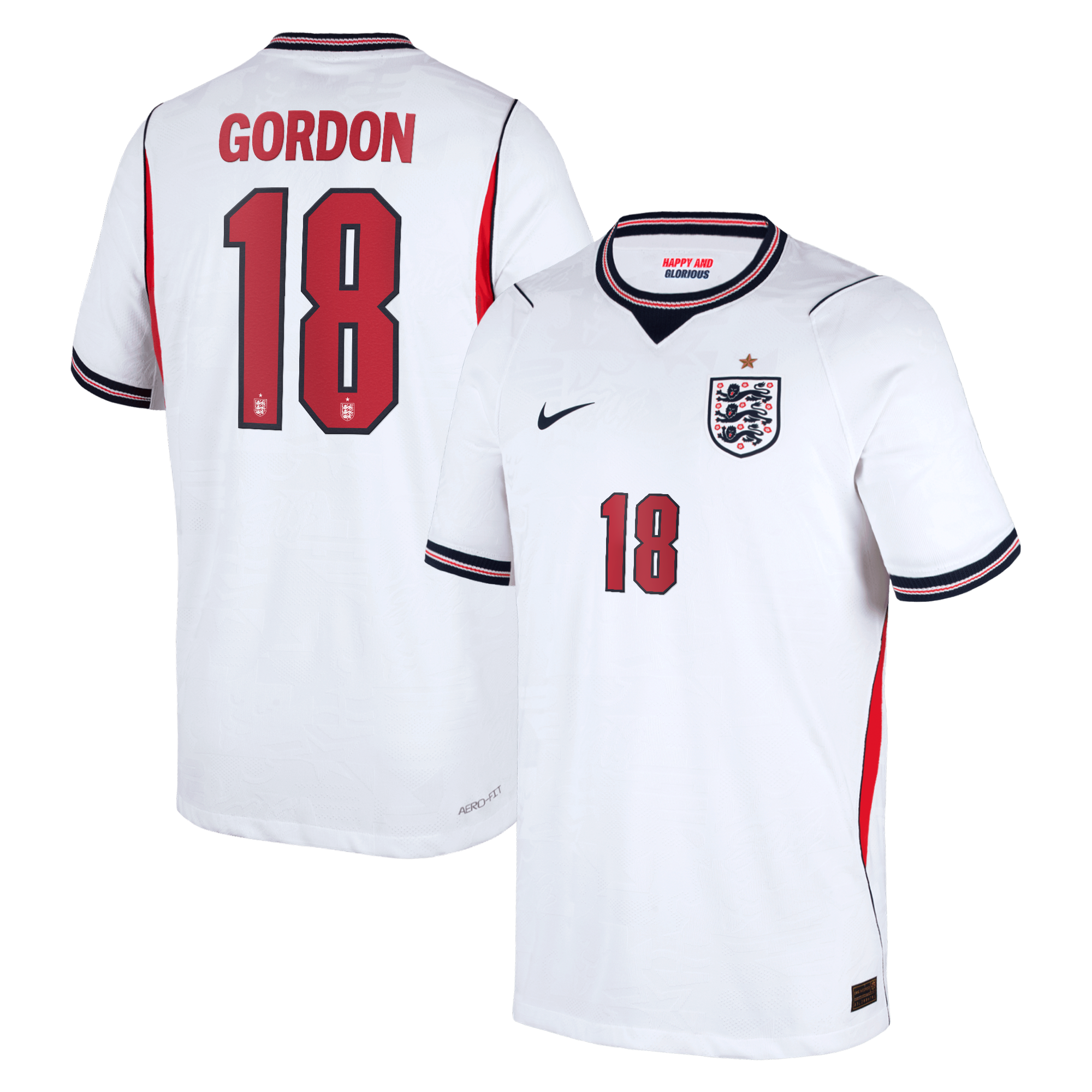 England Nike Home Aero-FIT Match Shirt 2026 - Kids with Gordon 18 printing