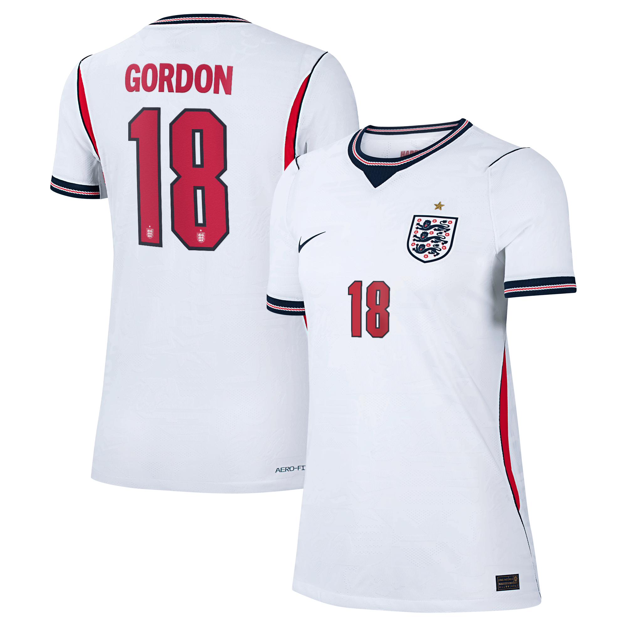 England Nike Home Aero-FIT Match Shirt 2026 - Womens with Gordon 18 printing