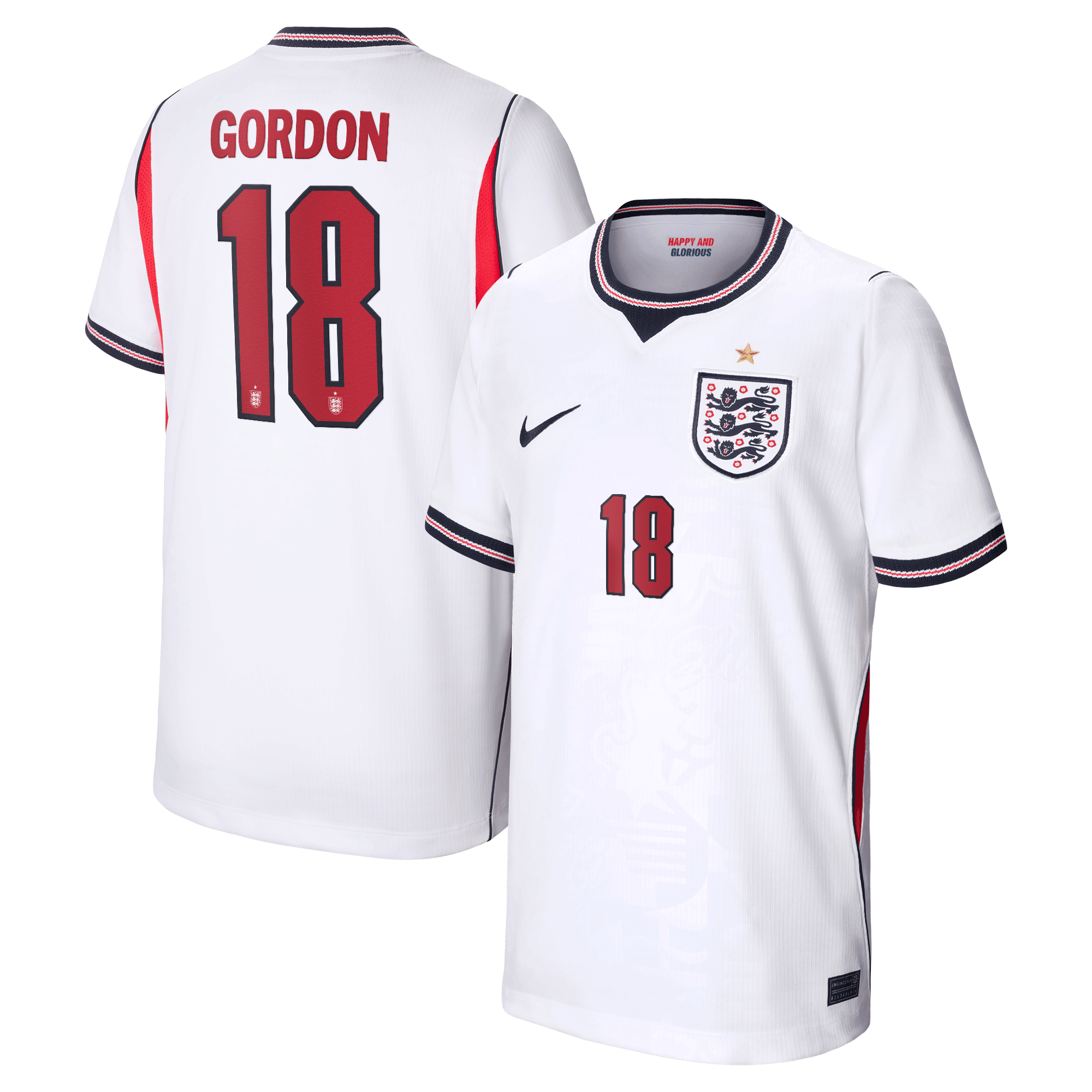 England Nike Home Stadium Shirt 2026 - Kids with Gordon 18 printing