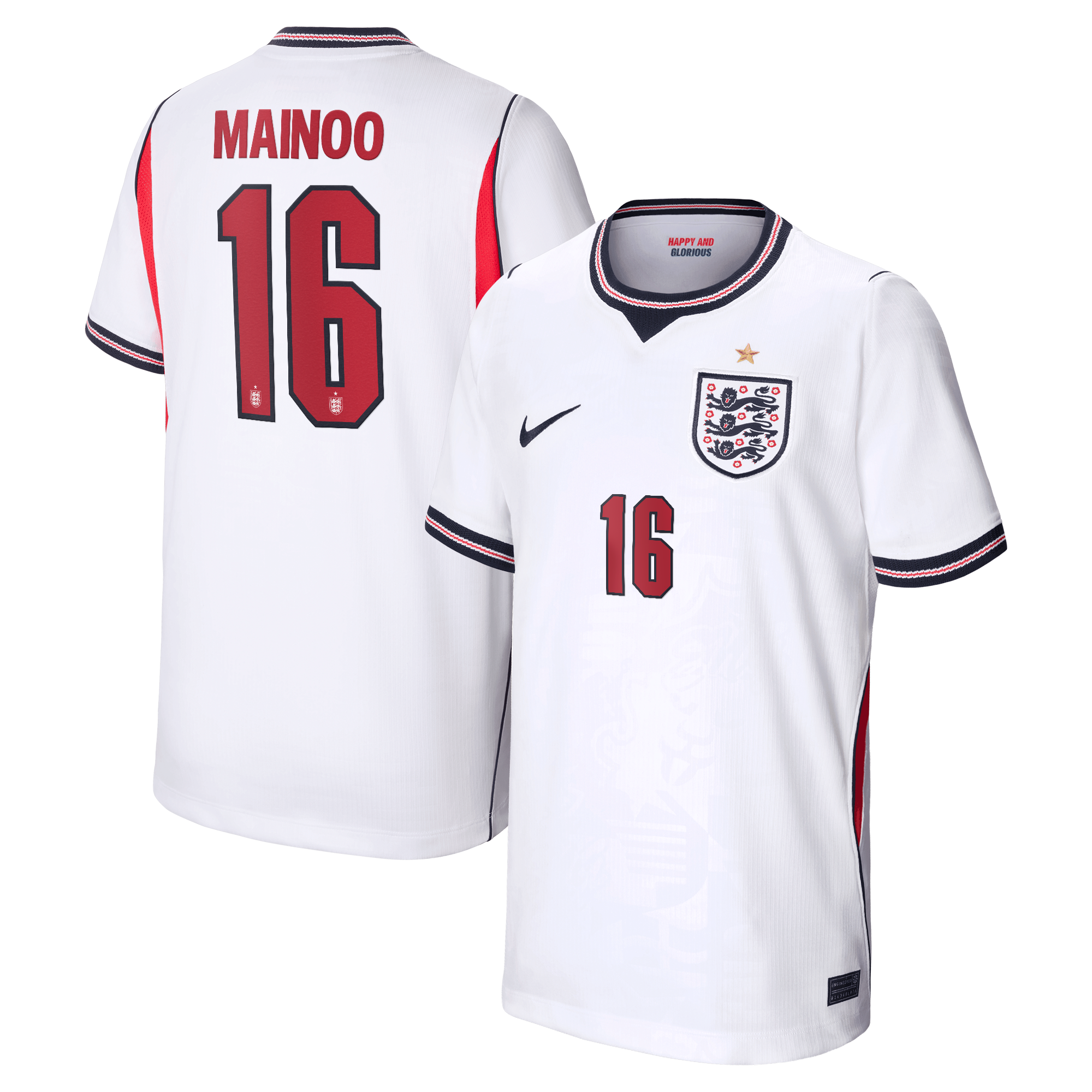 England Nike Home Stadium Shirt 2026 - Kids with Mainoo 16 printing