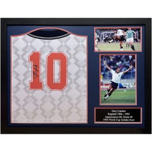 Gary Lineker Signed Official England Retro 1990 World Cup Shirt - Framed